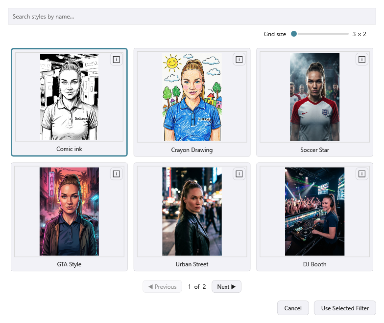 The Browse Style Library window showing Booth Junkie's ready-made AI styles, with the search box, Grid size, Comic ink selected, the page buttons showing page 1 of 2, and Cancel and Use Selected Filter