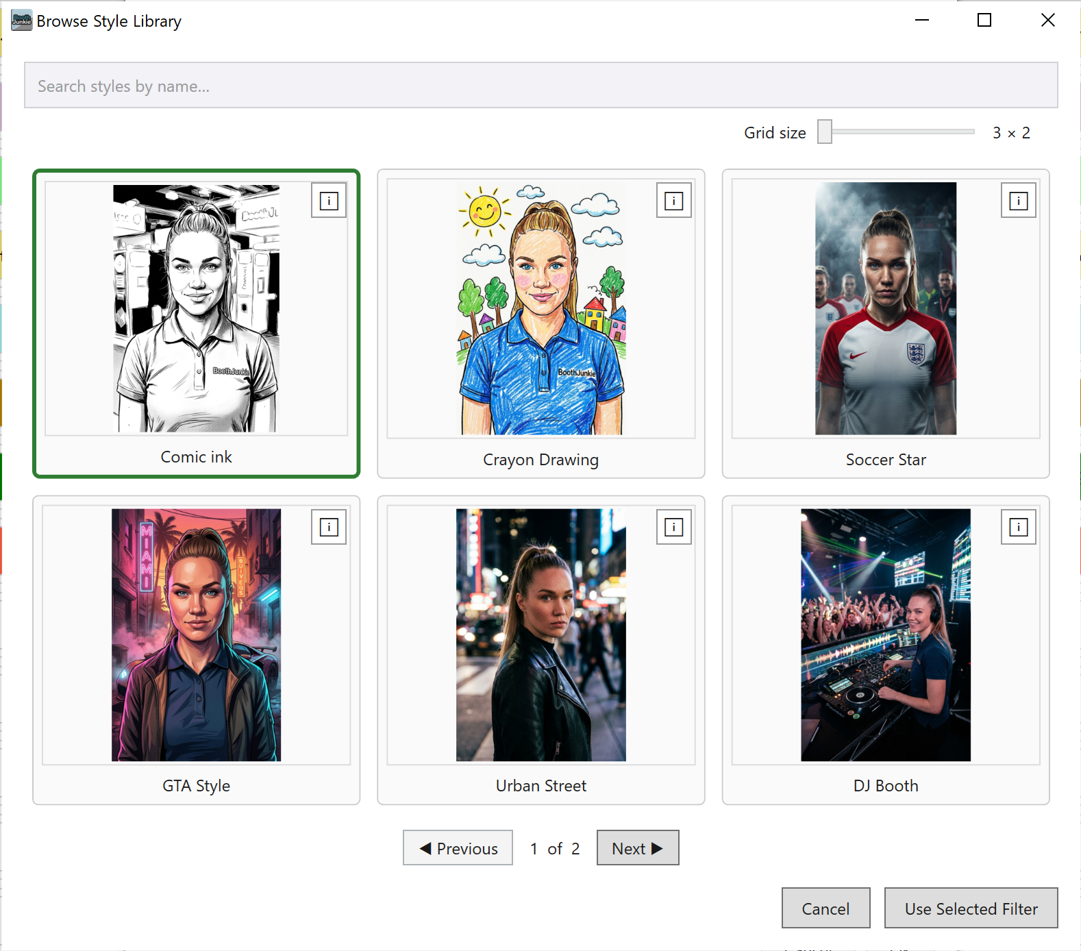 The Browse Style Library dialog, showing AI style presets such as Comic Ink, Crayon Drawing, Soccer Star, and GTA Style to choose from