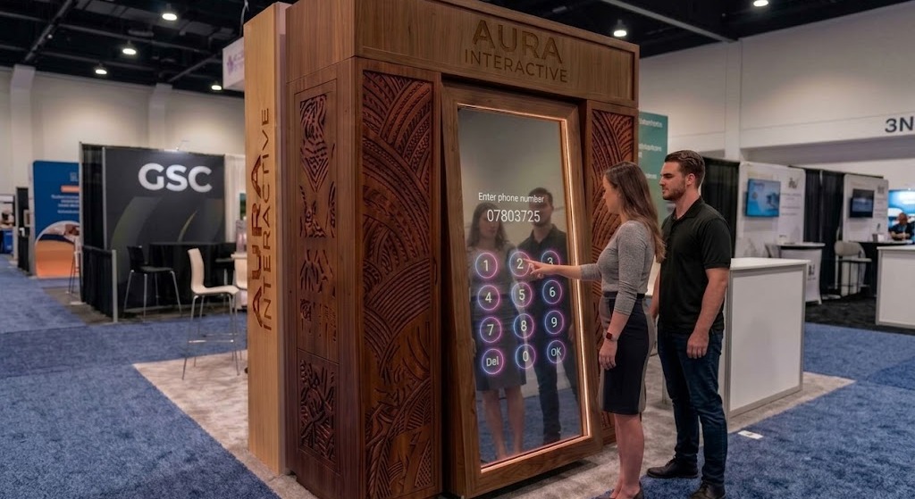 A purpose-built walnut magic mirror photo booth on a corporate exhibition stand, with two guests using it