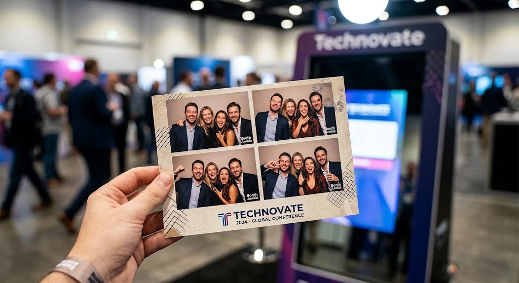 A finished photo booth print held up at a conference, showing a four-photo layout with the event branding along the bottom