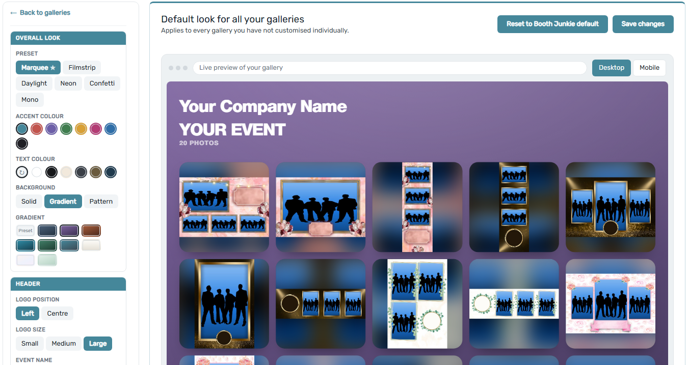 Customise Gallery in the Booth Junkie dashboard: preset, colour and background options beside a live preview of the gallery
