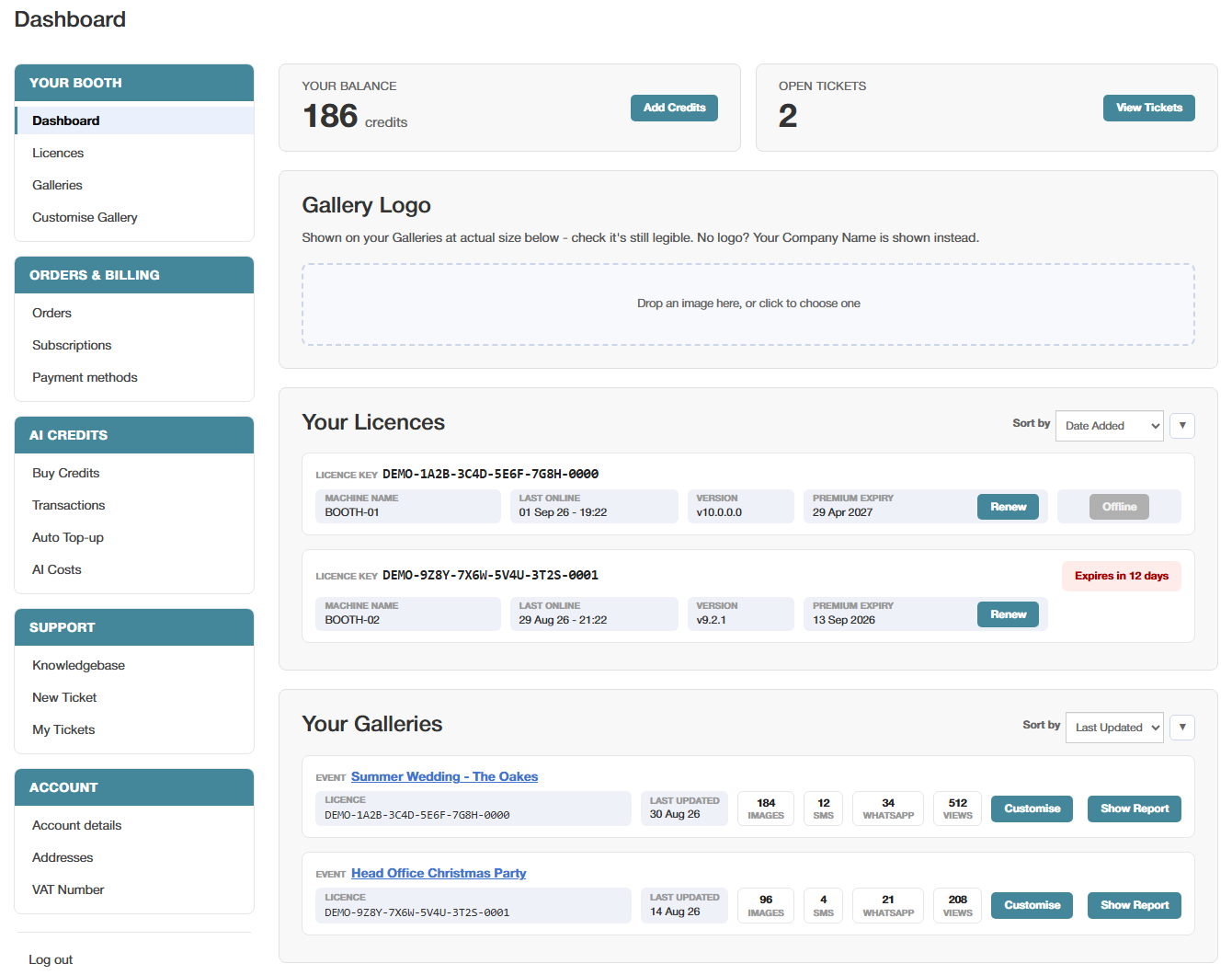 The Booth Junkie online dashboard with demo data: AI credit balance, licences, and each event gallery with its images, SMS and WhatsApp shares and views