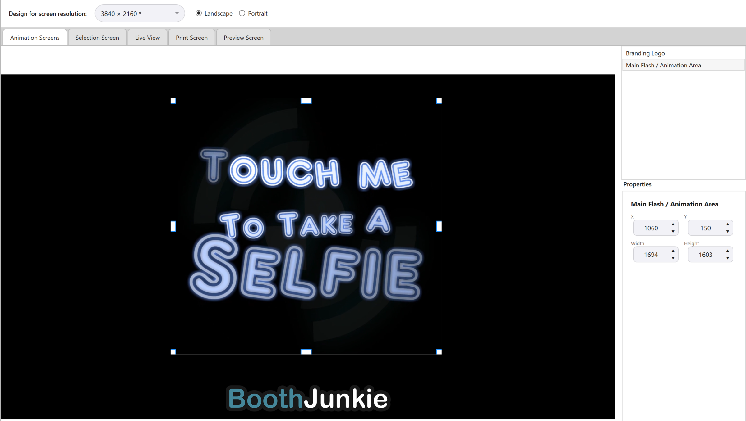 The Screen Layout editor showing a full-screen Touch Me To Take A Selfie animation, set for a 3840 by 2160 screen with landscape and portrait options