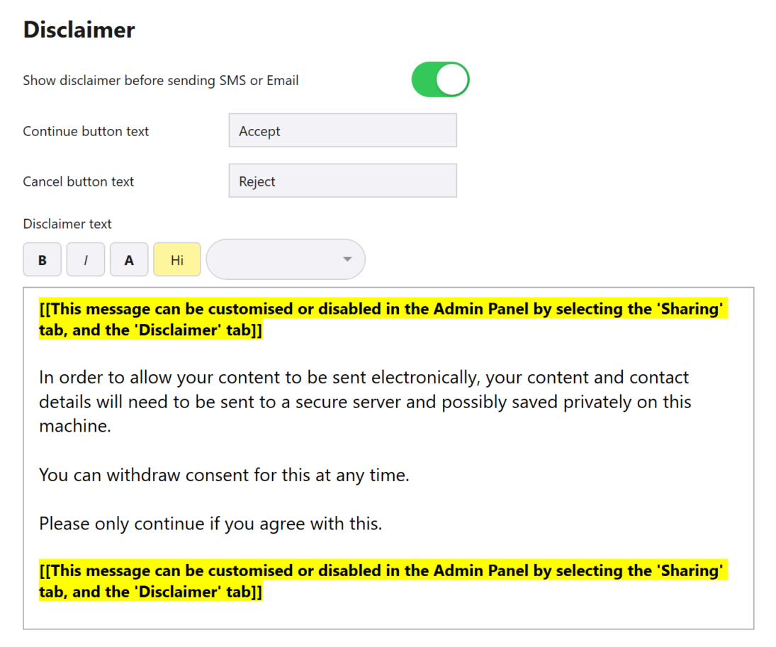 The Disclaimer settings in the Admin Panel: a toggle to show a disclaimer before sending SMS or email, the Accept and Reject button labels, and the disclaimer text