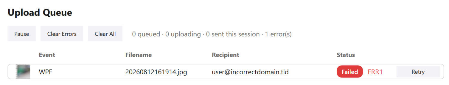 The Upload Queue, showing a failed email send with its error and a Retry button