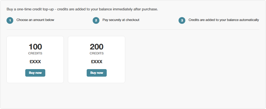 The Buy Credits tab, showing the available top-up amounts