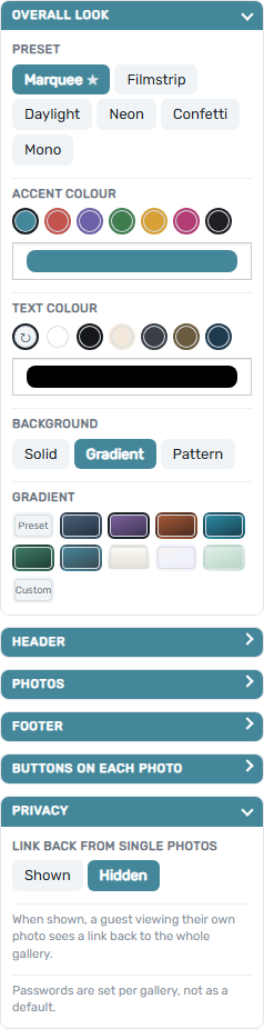 Customise Gallery's control panel, showing Overall look and Privacy open by default with Header, Photos, Footer and Buttons collapsed