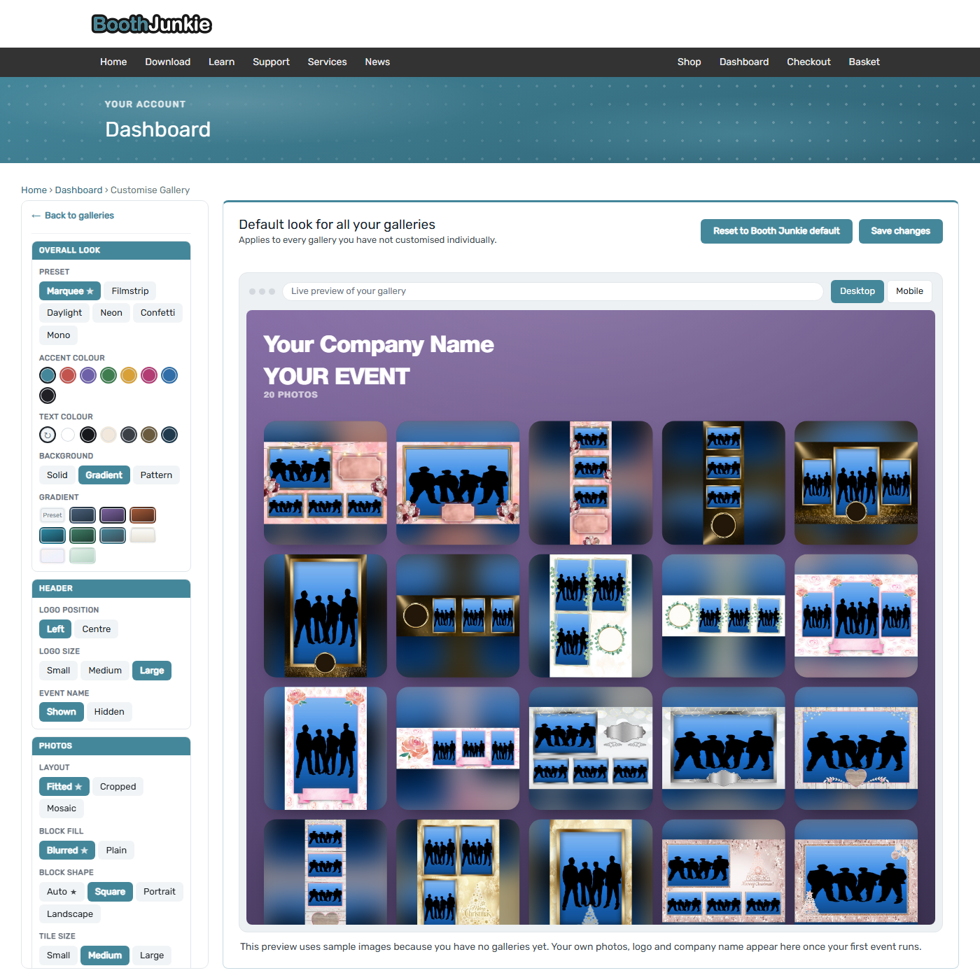 Customise Gallery, showing the style controls and live preview