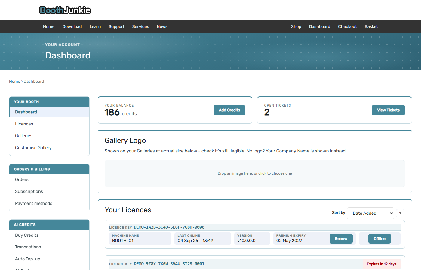 The Dashboard, showing Your Balance, Open Tickets, Gallery Logo, Your Licences, and Your Galleries