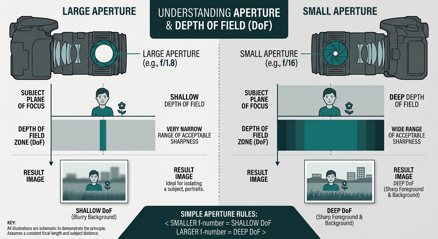 Diagram comparing large and small aperture: a large aperture (low f-number) gives a shallow depth of field, a small aperture (high f-number) gives a deep depth of field