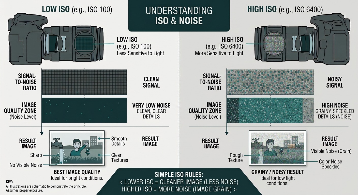 Diagram comparing low and high ISO: low ISO gives a clean, low-noise image, high ISO brightens the image at the cost of visible grain