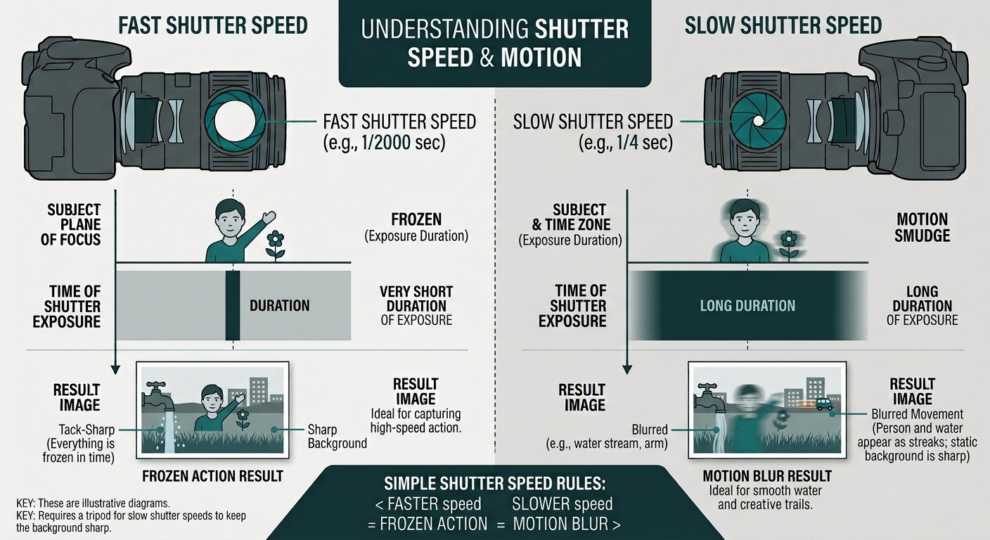 Diagram comparing fast and slow shutter speed: fast shutter speed freezes motion for a sharp result, slow shutter speed lets motion blur through
