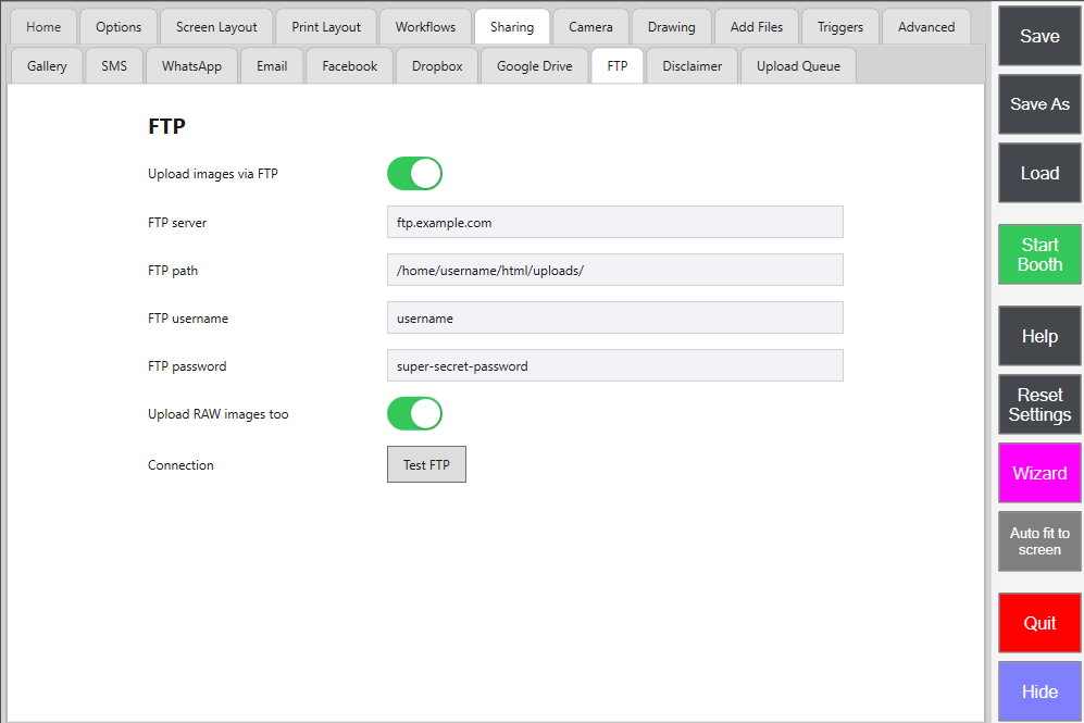 Admin Panel -> Sharing -> FTP, showing the server, path, username and password fields plus Upload RAW images too and Test FTP