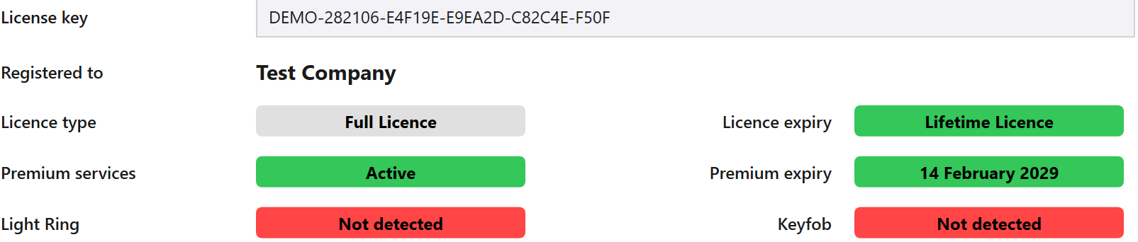 Admin Panel -> Options -> General, showing the Licence, Premium, Light Ring and Keyfob status block