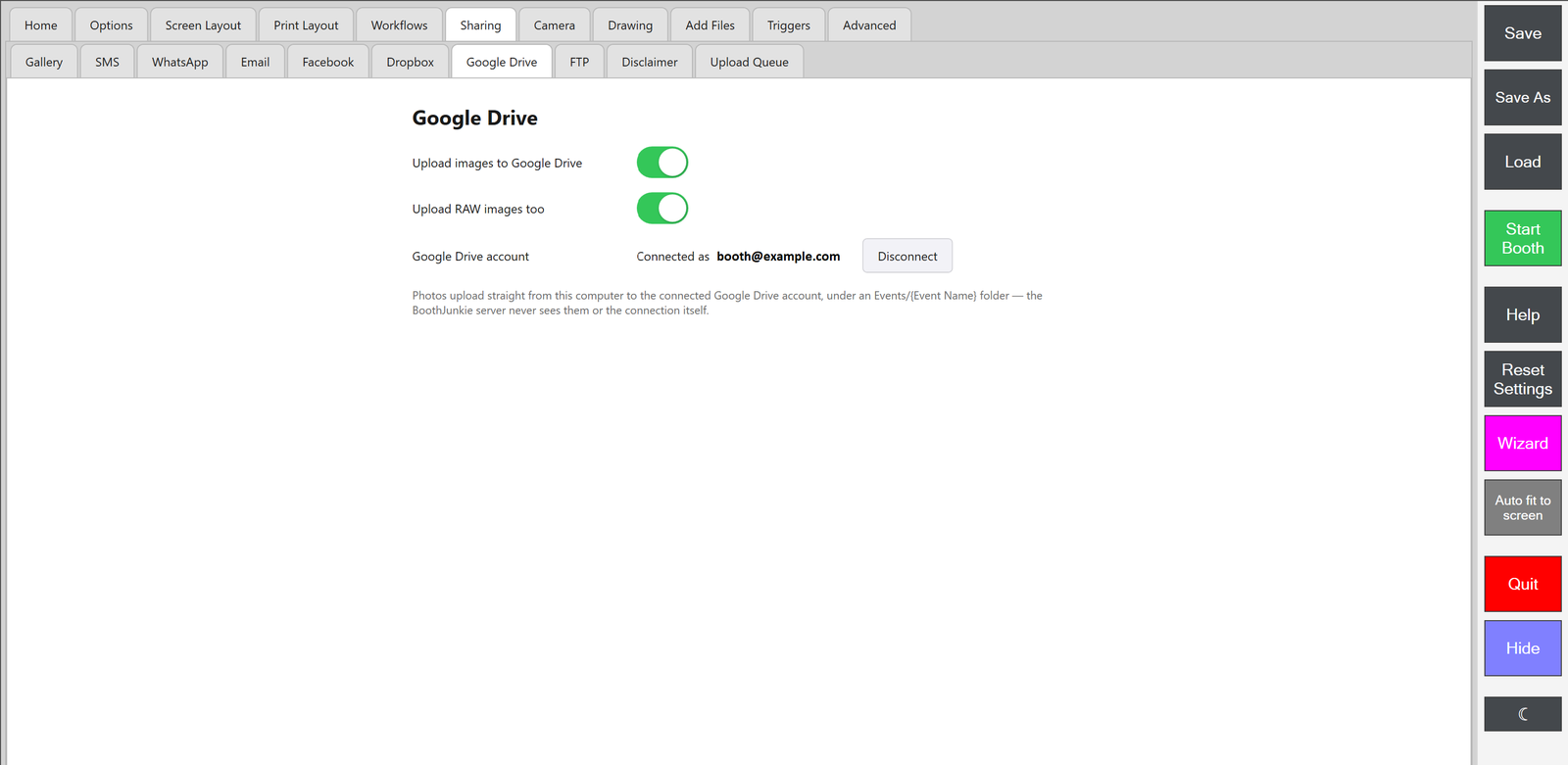 Admin Panel -> Sharing -> Google Drive, showing both upload toggles on and Connected as booth@example.com