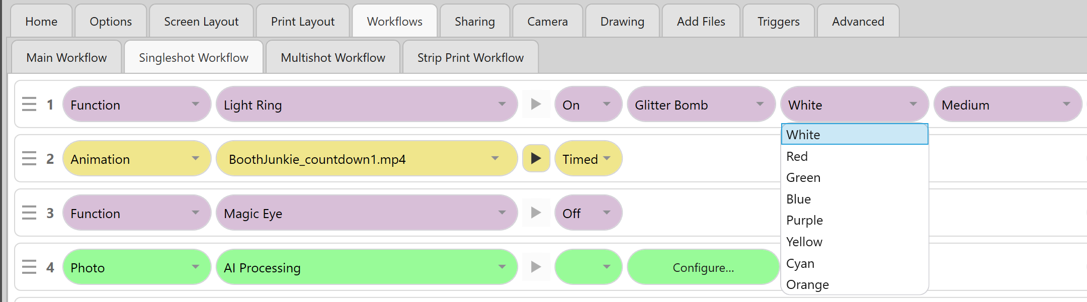 Workflow steps with Function set to Magic Eye (Off) and to Light Ring (On), showing Light Ring's extra Pattern, Colour, and Speed options
