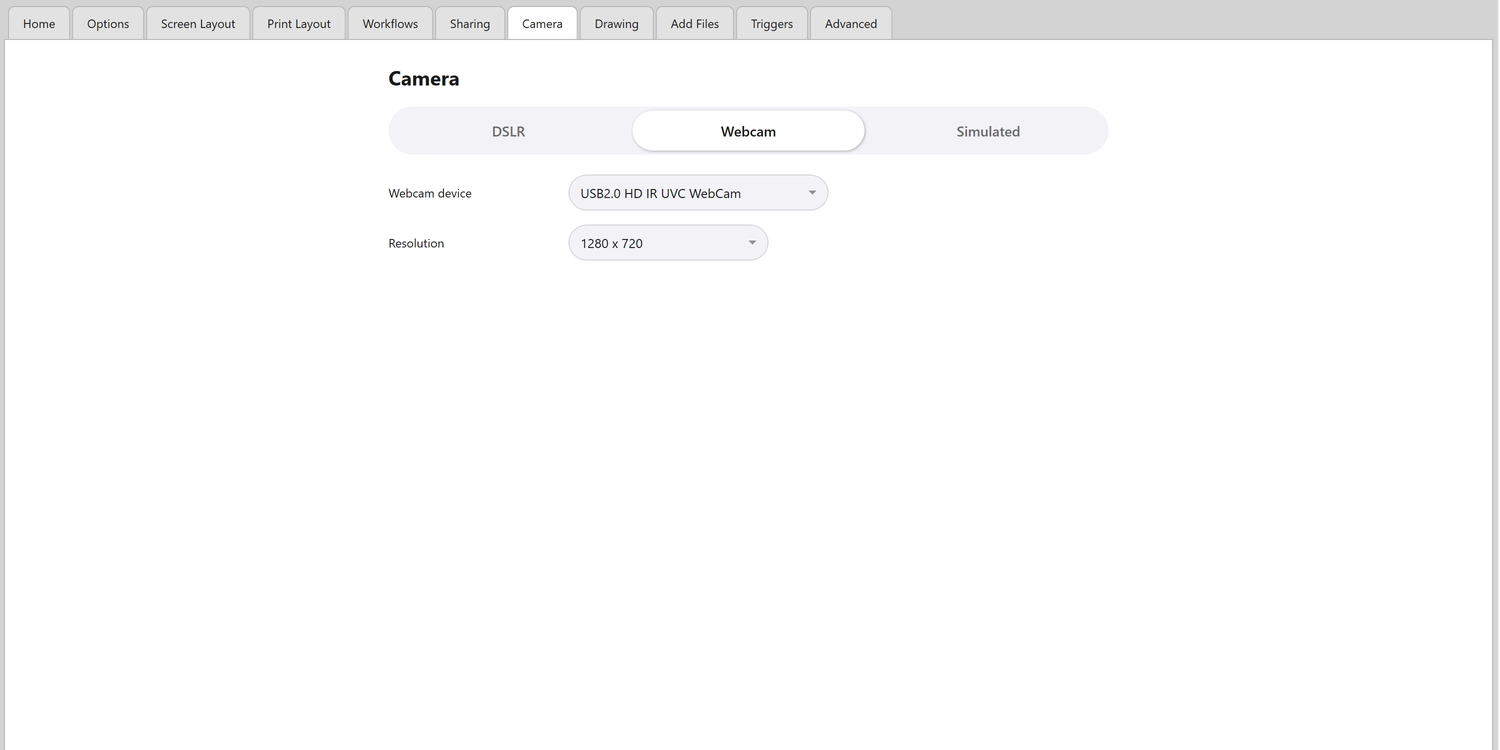 Admin Panel -> Camera, in Webcam mode, showing the Webcam device and Resolution dropdowns