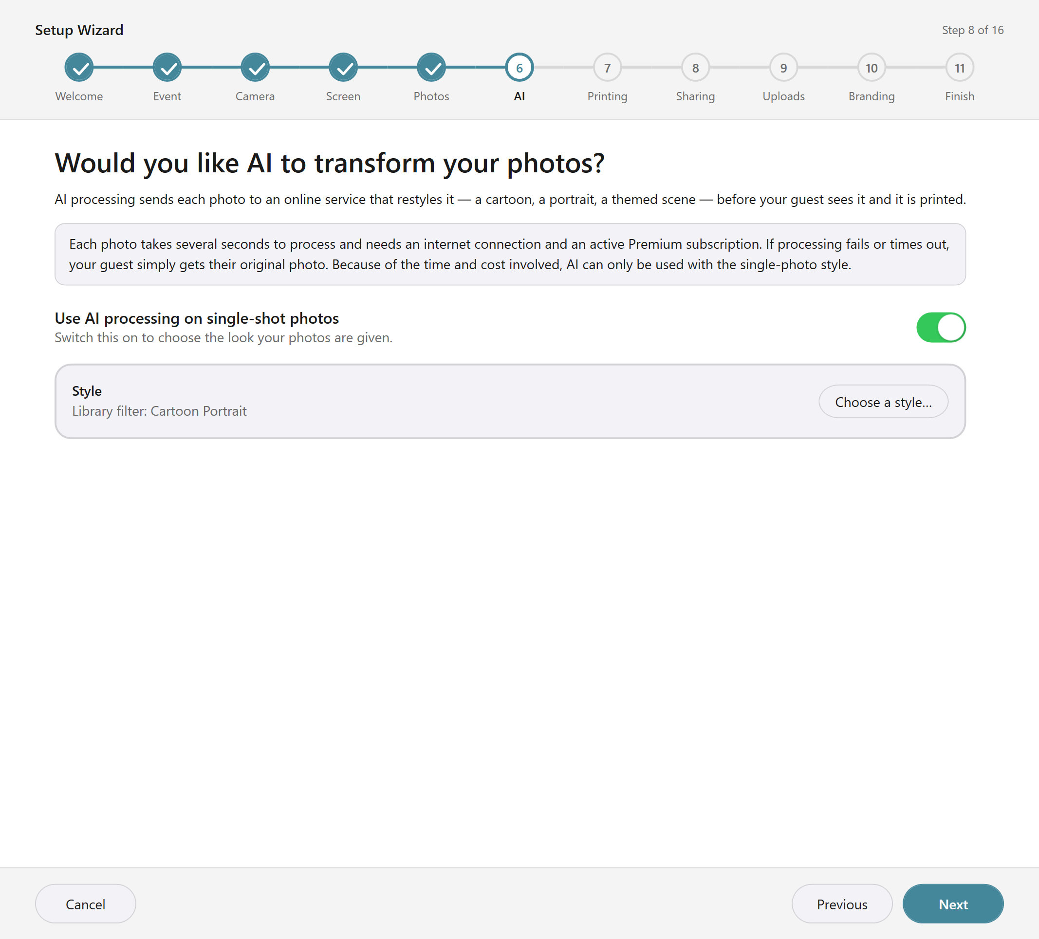 The Setup Wizard's AI page, with AI processing switched on and a style chosen