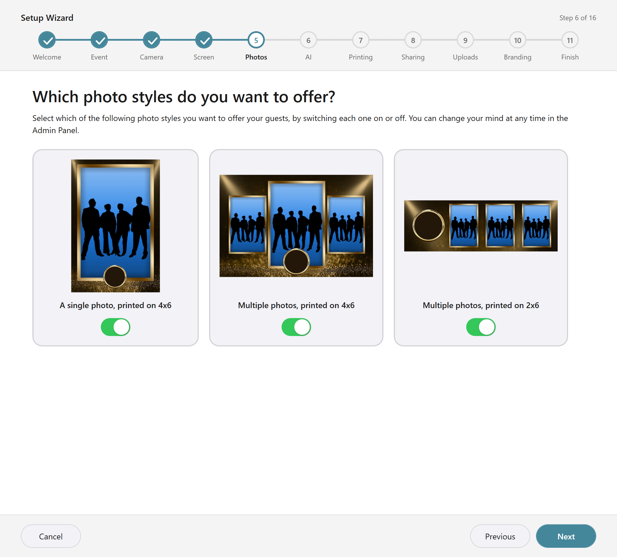 The Setup Wizard's photo styles page, with all three styles switched on