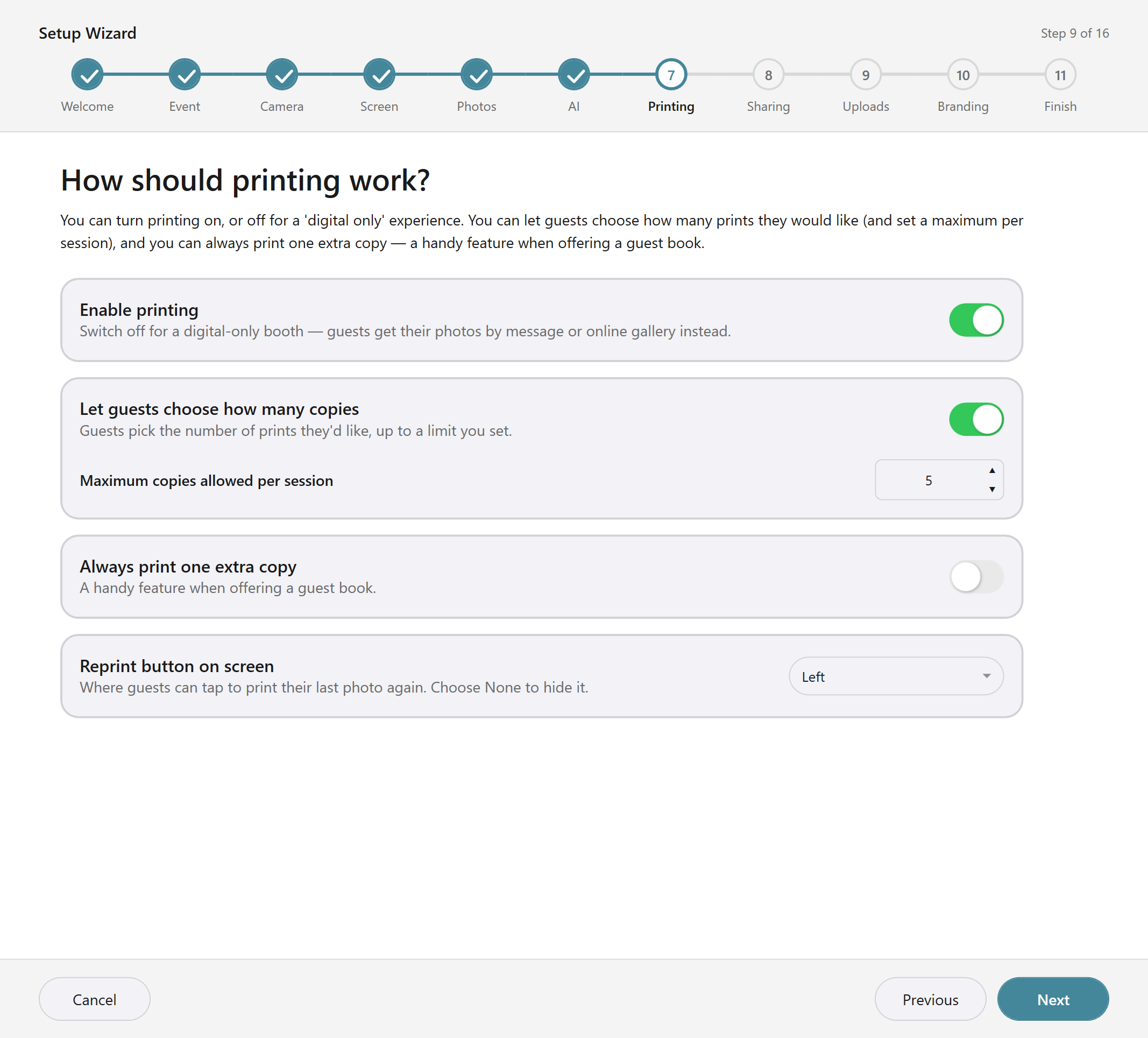 The Setup Wizard's printing page, with all four printing options shown