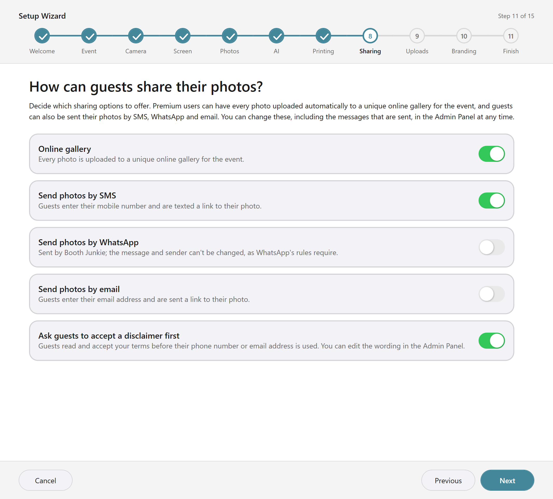 The Setup Wizard's sharing page, with Online gallery and SMS on, showing the disclaimer toggle