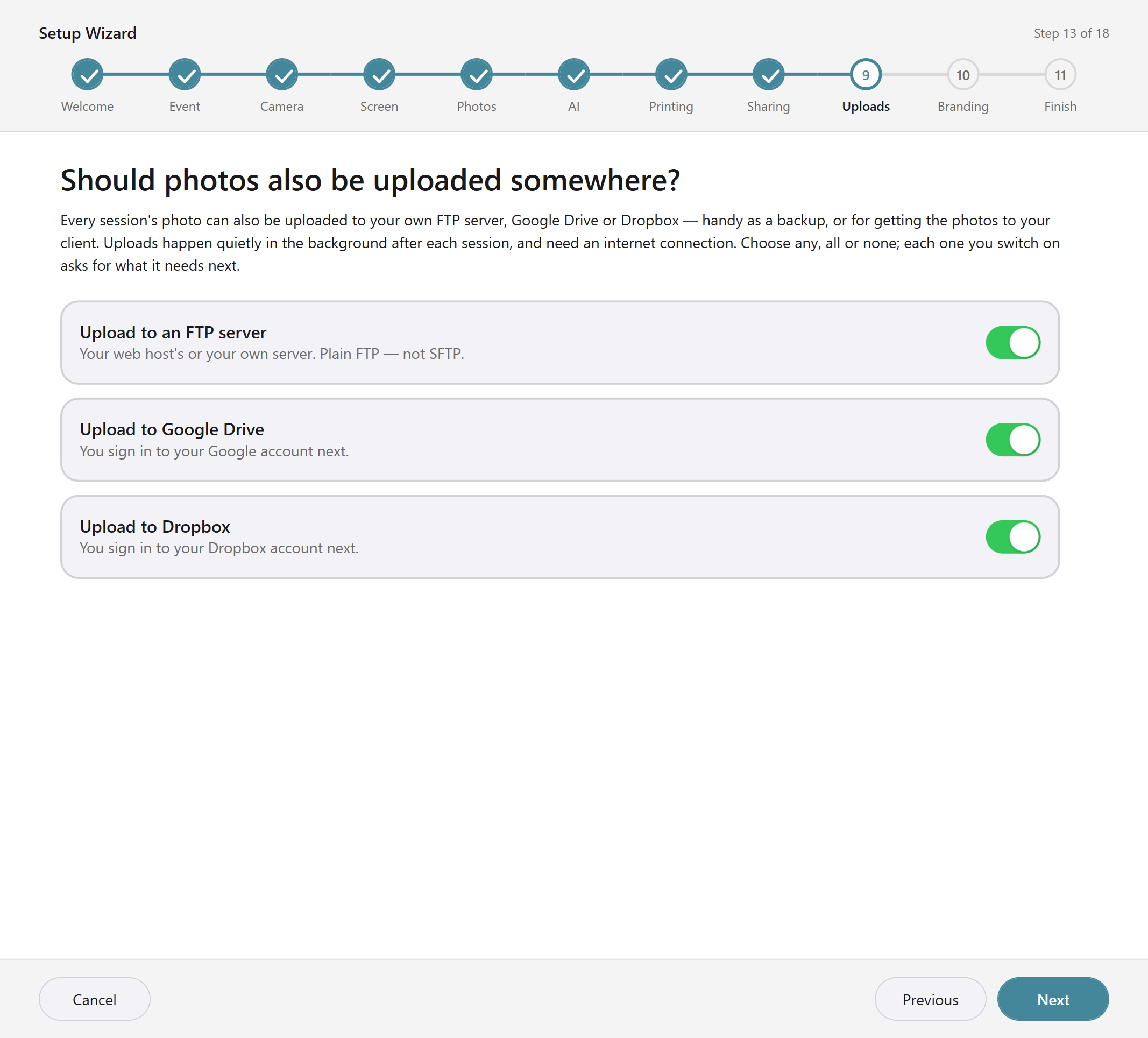 The Setup Wizard's uploads page, with FTP, Google Drive and Dropbox all switched on