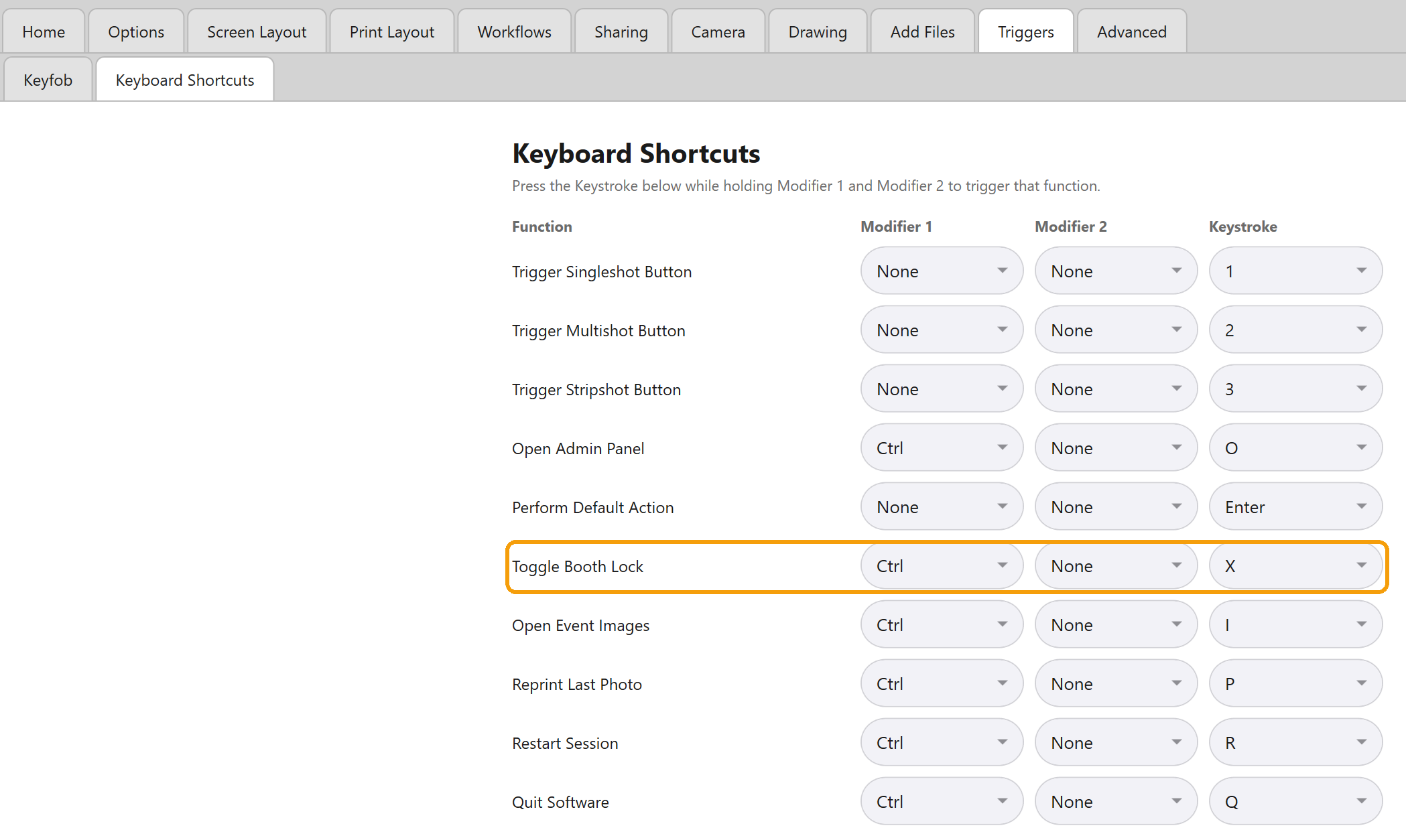 Admin Panel -> Triggers -> Keyboard Shortcuts, with the Toggle Booth Lock binding highlighted