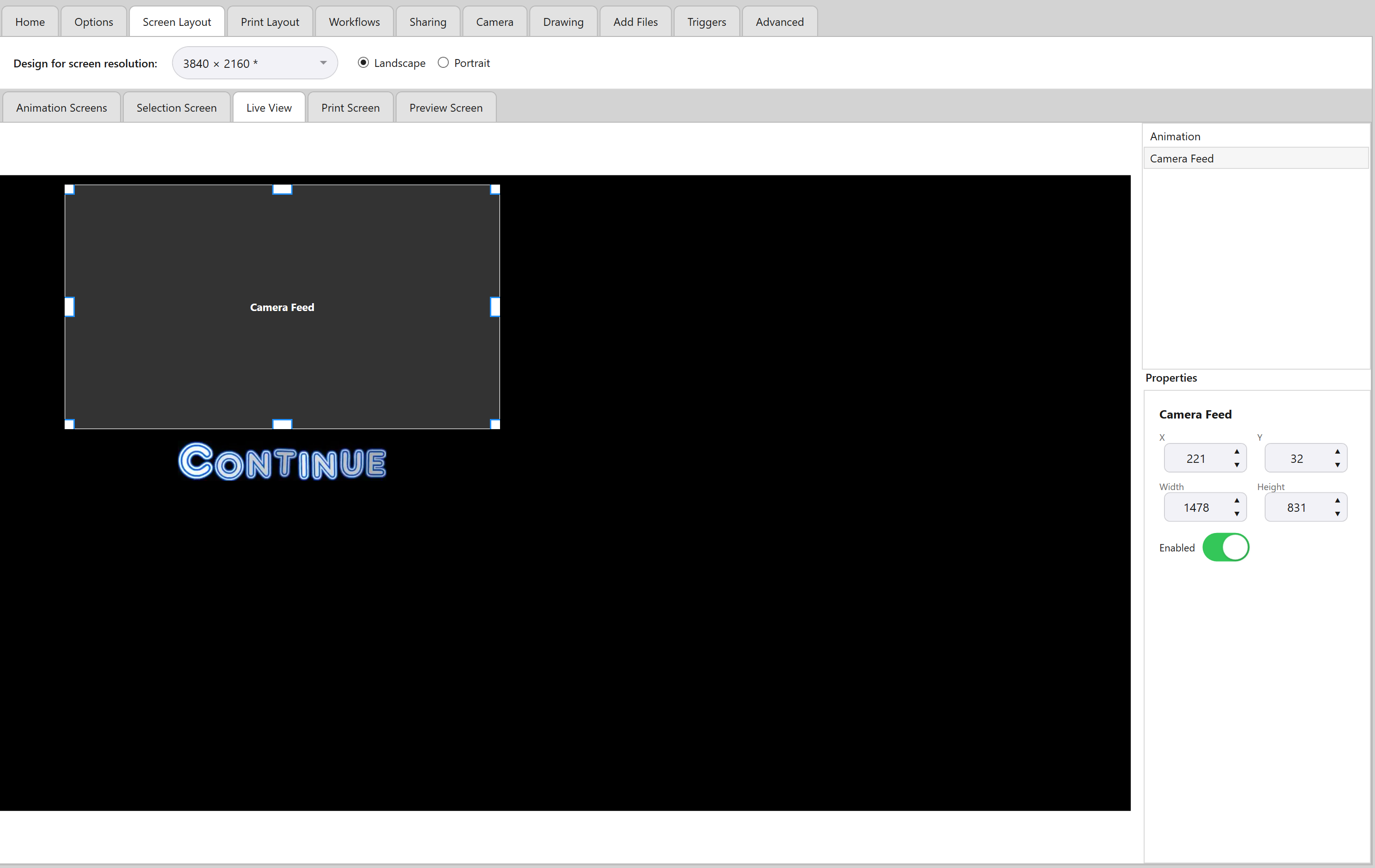 Admin Panel -> Screen Layout -> Live View, showing where the camera feed is positioned