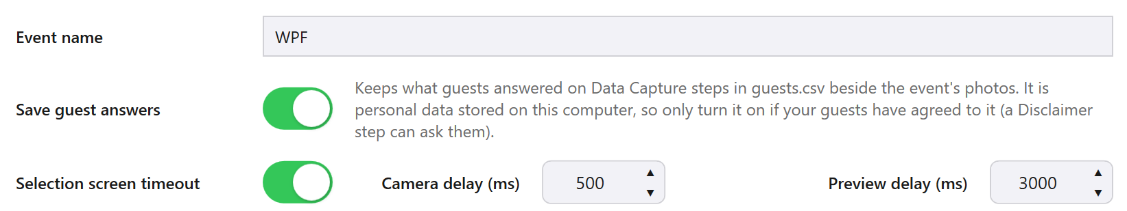Admin Panel -> Options -> General, showing the Save guest answers switch
