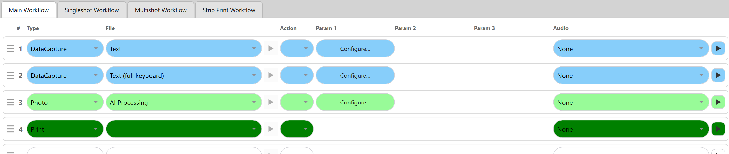 Admin Panel -> Workflows, with two Data Capture rows (Text and Text (full keyboard)) above a Photo and a Print row