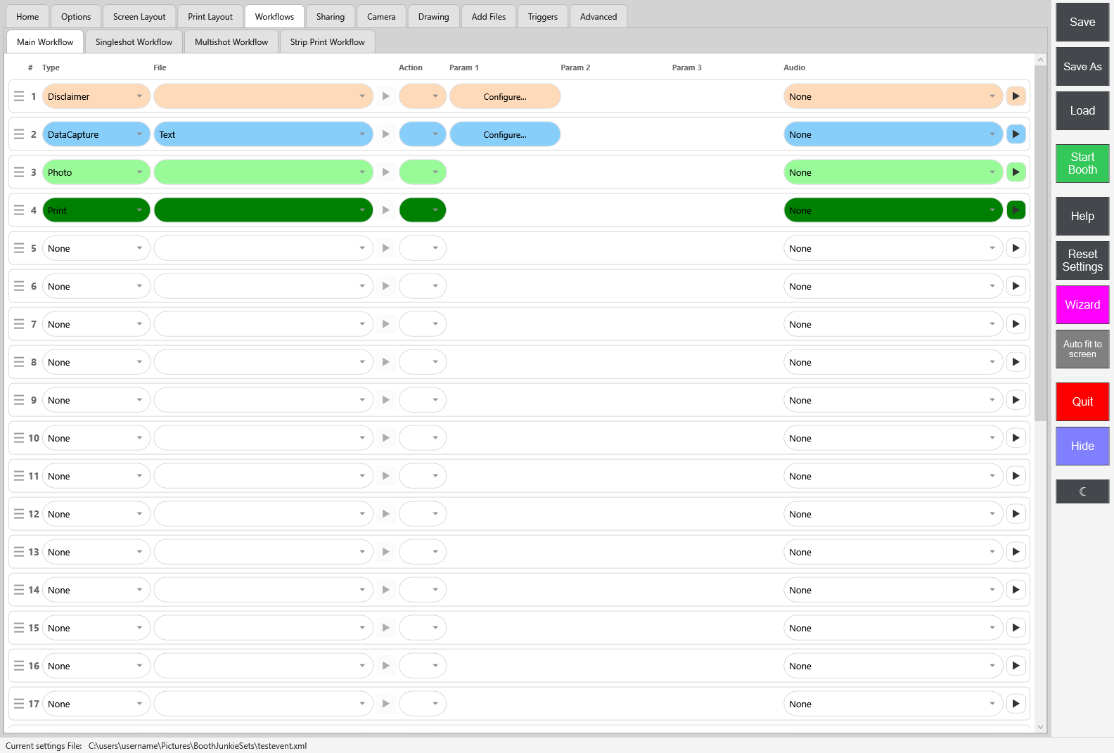 Admin Panel -> Workflows -> Main Workflow, with a Disclaimer row first, above a DataCapture row (File: Text) and then the Photo and Print rows