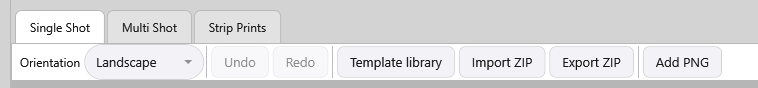 The Print Layout toolbar under the Single Shot, Multi Shot and Strip Prints tabs: Orientation, Undo, Redo, Template library, Import ZIP, Export ZIP and Add PNG, with Template library between Redo and Import ZIP