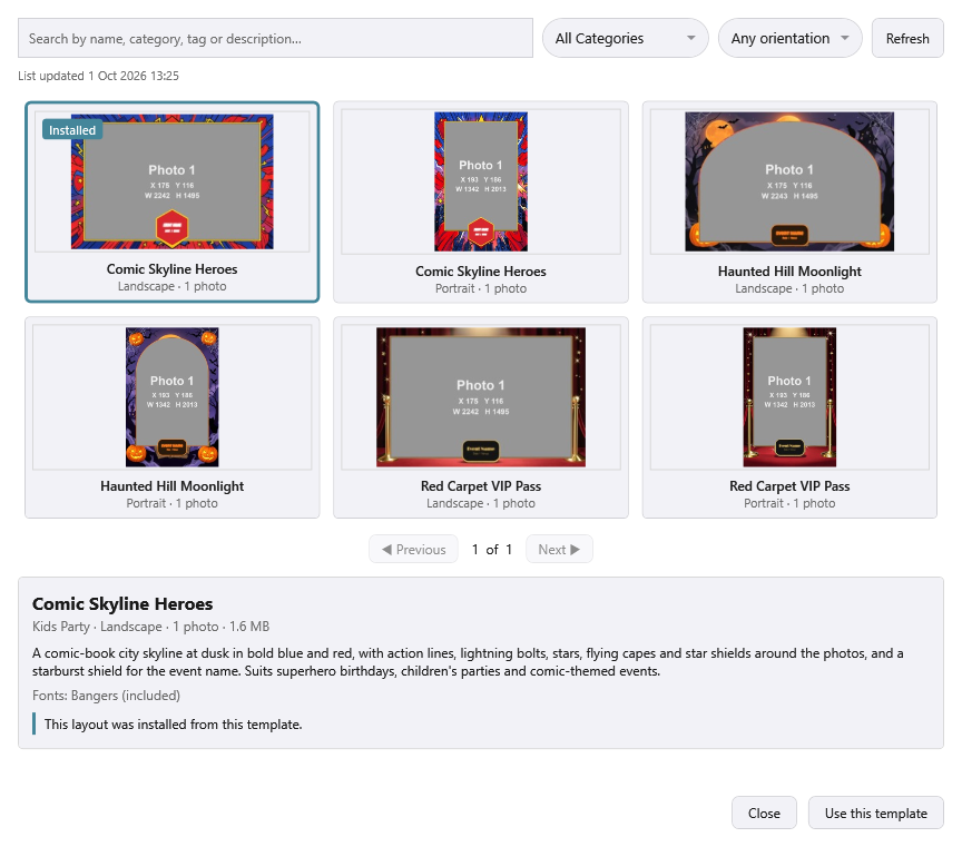 The Template Library after an install, with the Comic Skyline Heroes tile showing the Installed badge and the note "This layout was installed from this template." under the tiles