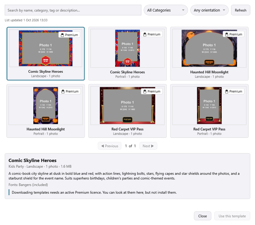 The Template Library on a licence without an active Premium, with a padlock Premium badge on every tile, Comic Skyline Heroes selected with the note "Downloading templates needs an active Premium licence. You can look at them here, but not install them.", and Use this template greyed out