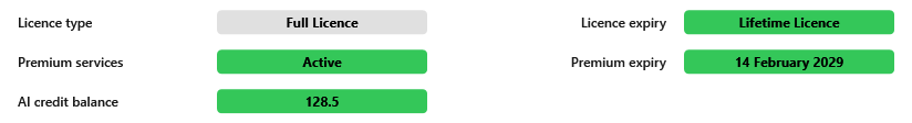 The licence details on Admin Panel -> Options -> General, showing Premium services Active and Premium expiry 14 February 2029, with Licence type Full Licence and Licence expiry Lifetime Licence above and AI credit balance 128.5 below