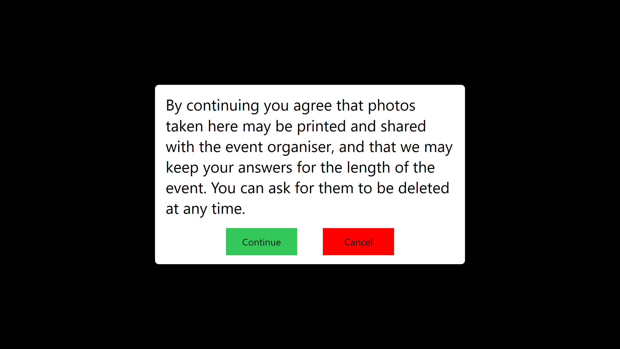 A guest's screen showing the disclaimer message with Continue and Cancel buttons