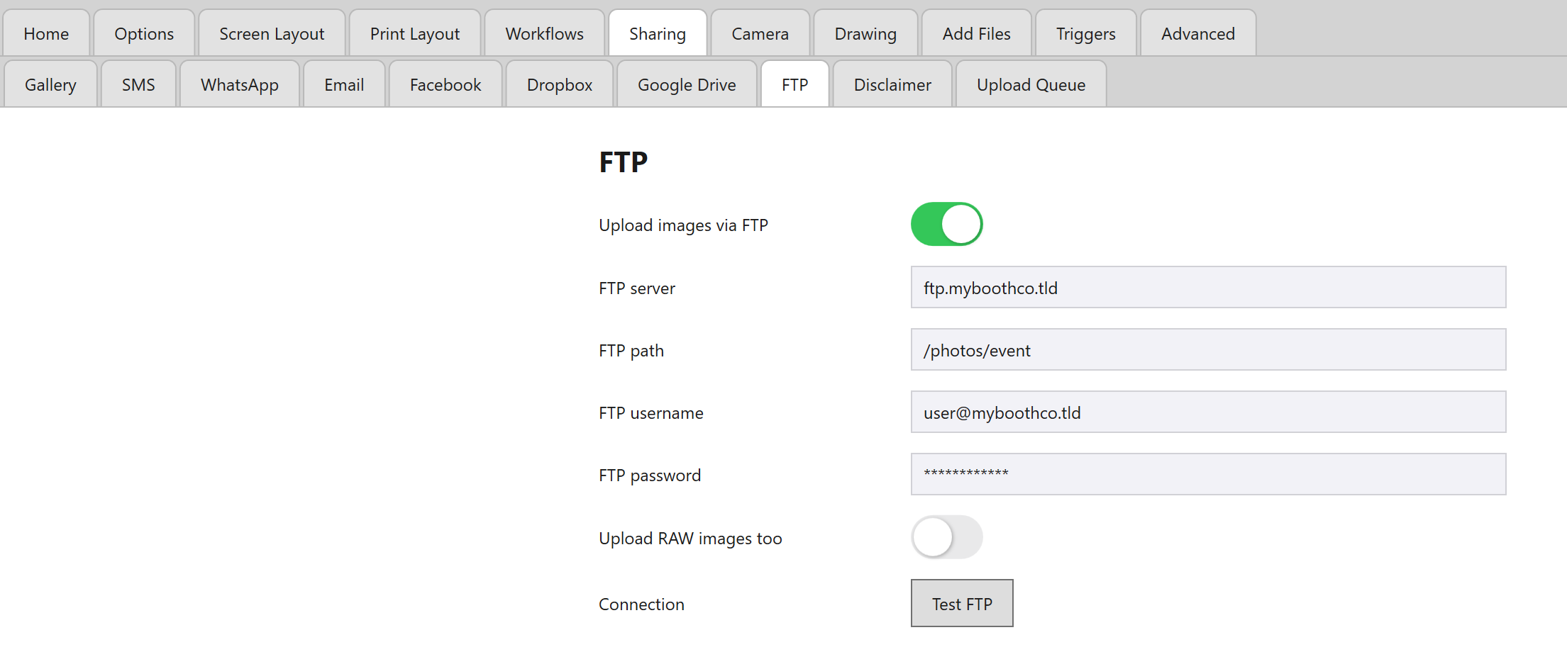 Admin Panel -> Sharing -> FTP, showing the server, path, username and password fields plus Upload RAW images too and Test FTP