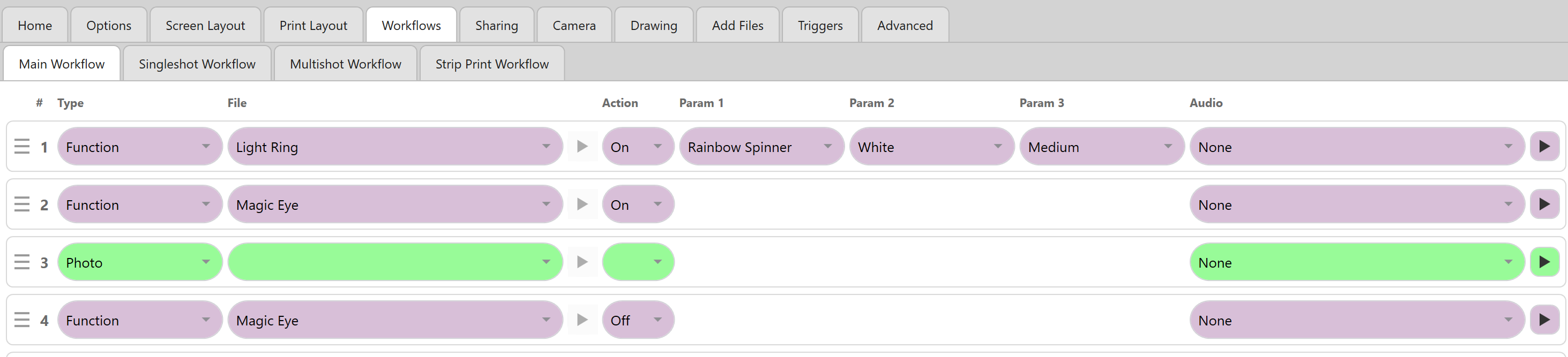 Workflow steps with Function set to Light Ring (On, with its Pattern, Colour and Speed options) and to Magic Eye (On and Off)